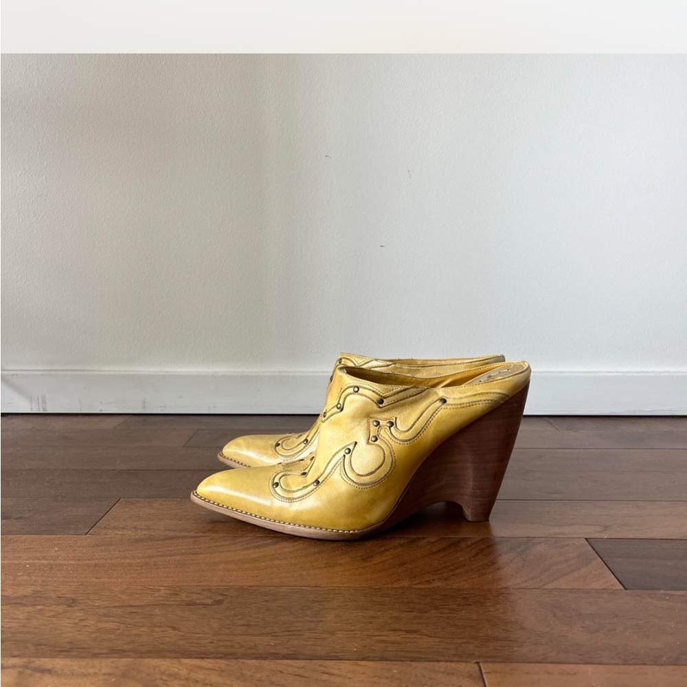 BCBG Yellow Leather Wedge Mules